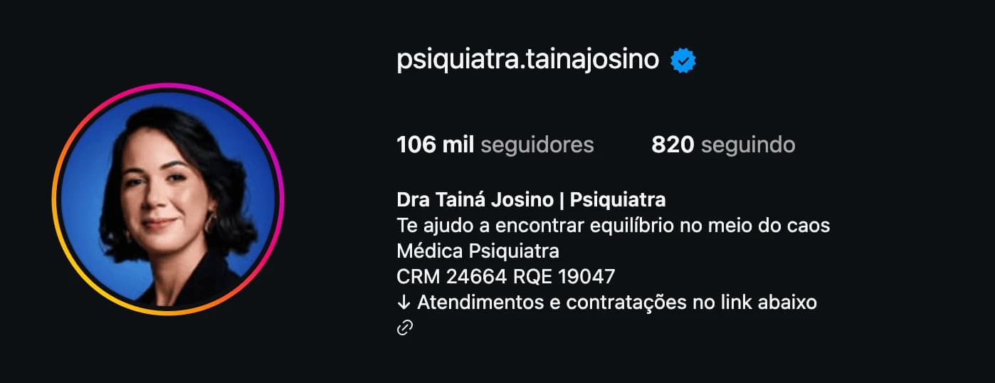 Perfil de Dra. Tainá Josino no Instagram: 106 mil seguidores